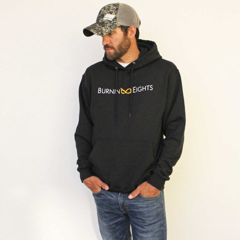 men's burnin eights hoodie, full logo, black